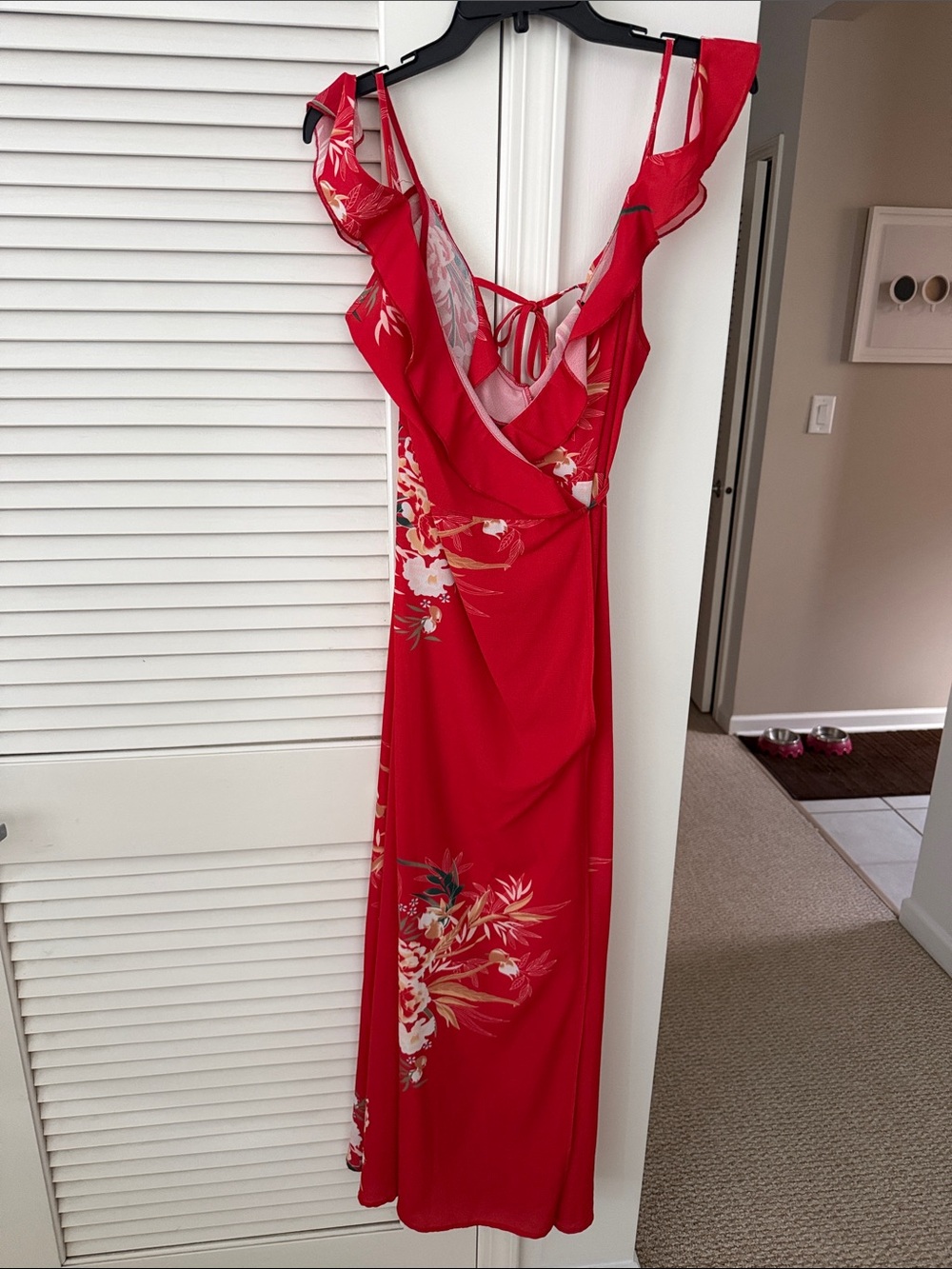 Floral Red Midi Dress with Ruffle Detail